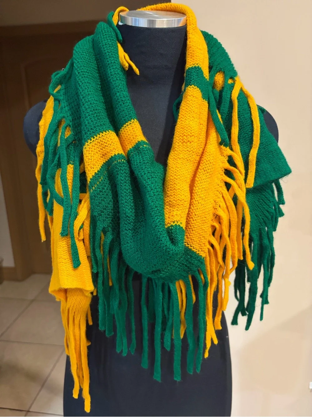 Green & Yellow Fringe Knit Scarf - Women's Accessory